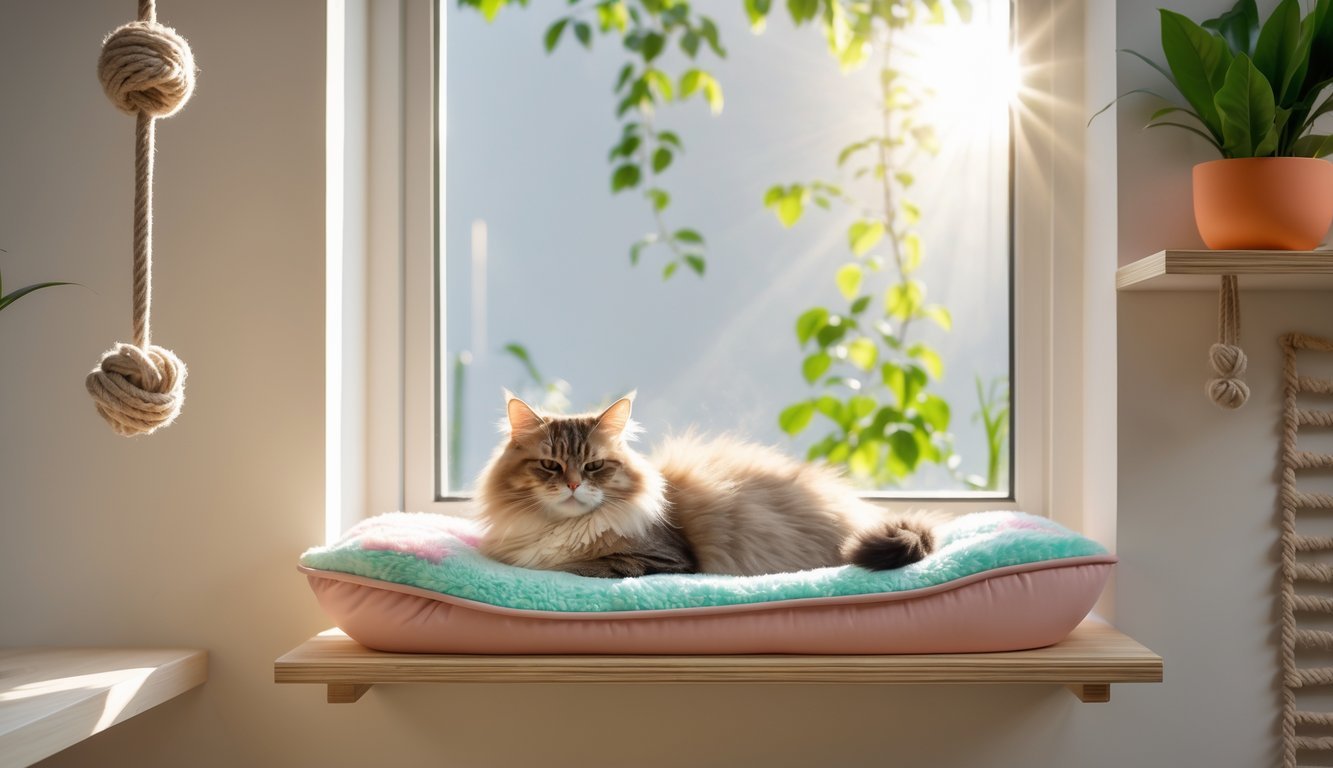 A cat resting on a soft cushion on a window perch inside a bright room with sunlight and plants nearby.