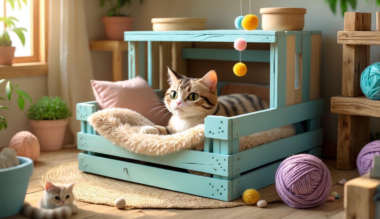 A cat resting comfortably inside a wooden crate turned into a cozy cat bed, surrounded by various DIY cat furniture pieces in a warm indoor setting.
