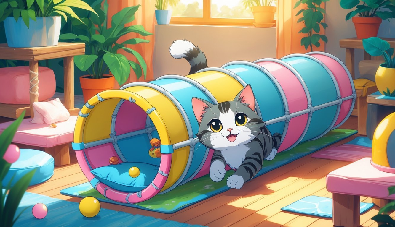 A playful cat crawling through a colorful tunnel made of PVC pipes inside a cozy room with cat furniture and sunlight coming through a window.