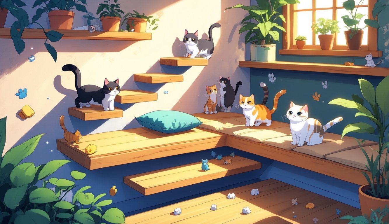 A group of cats climbing and resting on a floating wooden cat ledge with steps attached to a wall inside a cozy room.