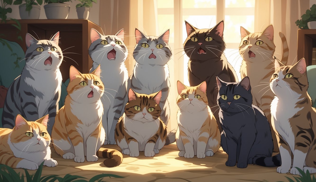 A group of eight cats showing signs of stress like yowling, meowing, flattened ears, puffed-up fur, and tense postures in a cozy indoor setting.