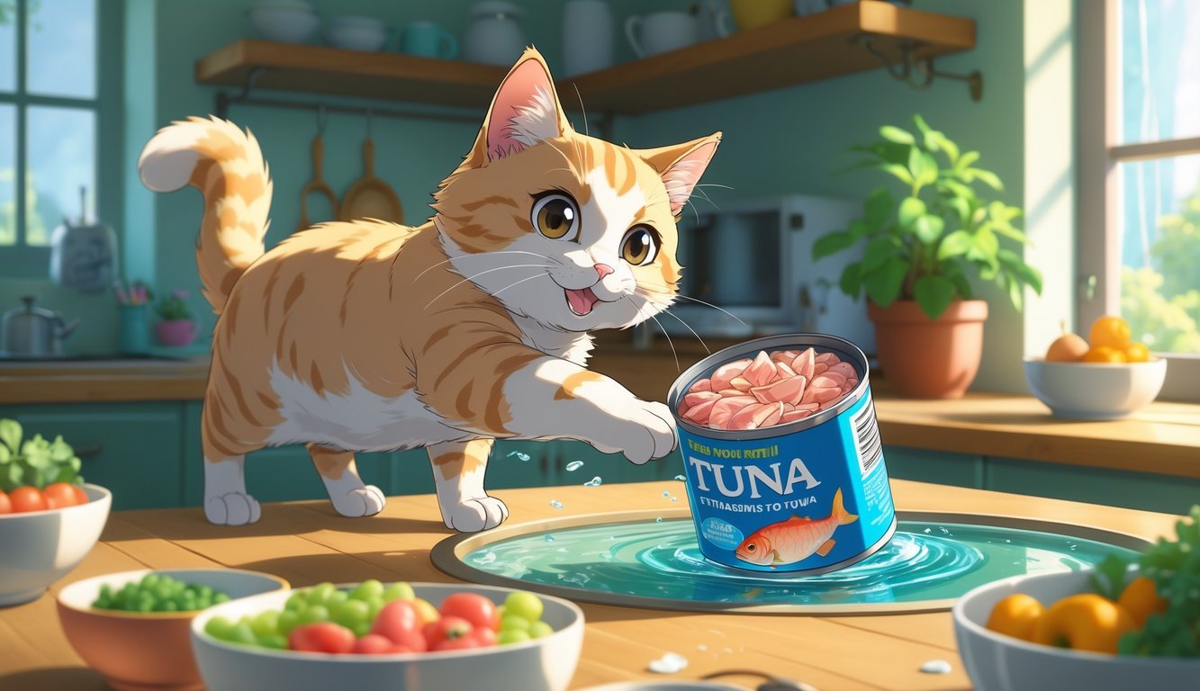 A cat reaching towards an open can of tuna in a cozy kitchen setting.