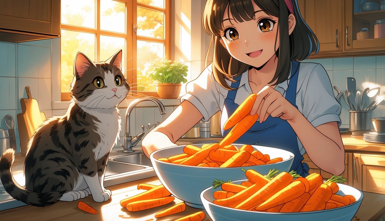 A young woman prepares steamed carrots in a sunny kitchen while a curious cat watches from the counter.