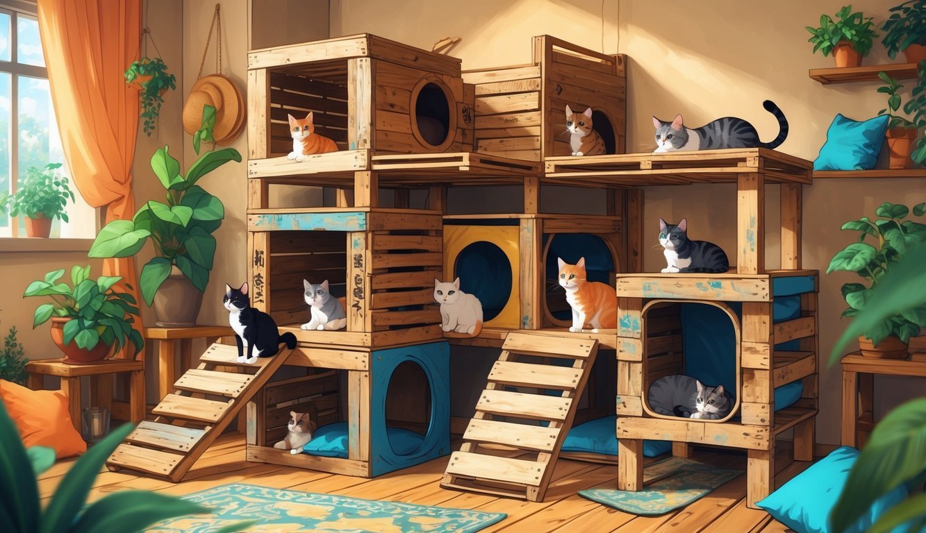 A cozy indoor scene showing a multi-level cat condo made from recycled wooden pallets with several cats playing and resting on it.