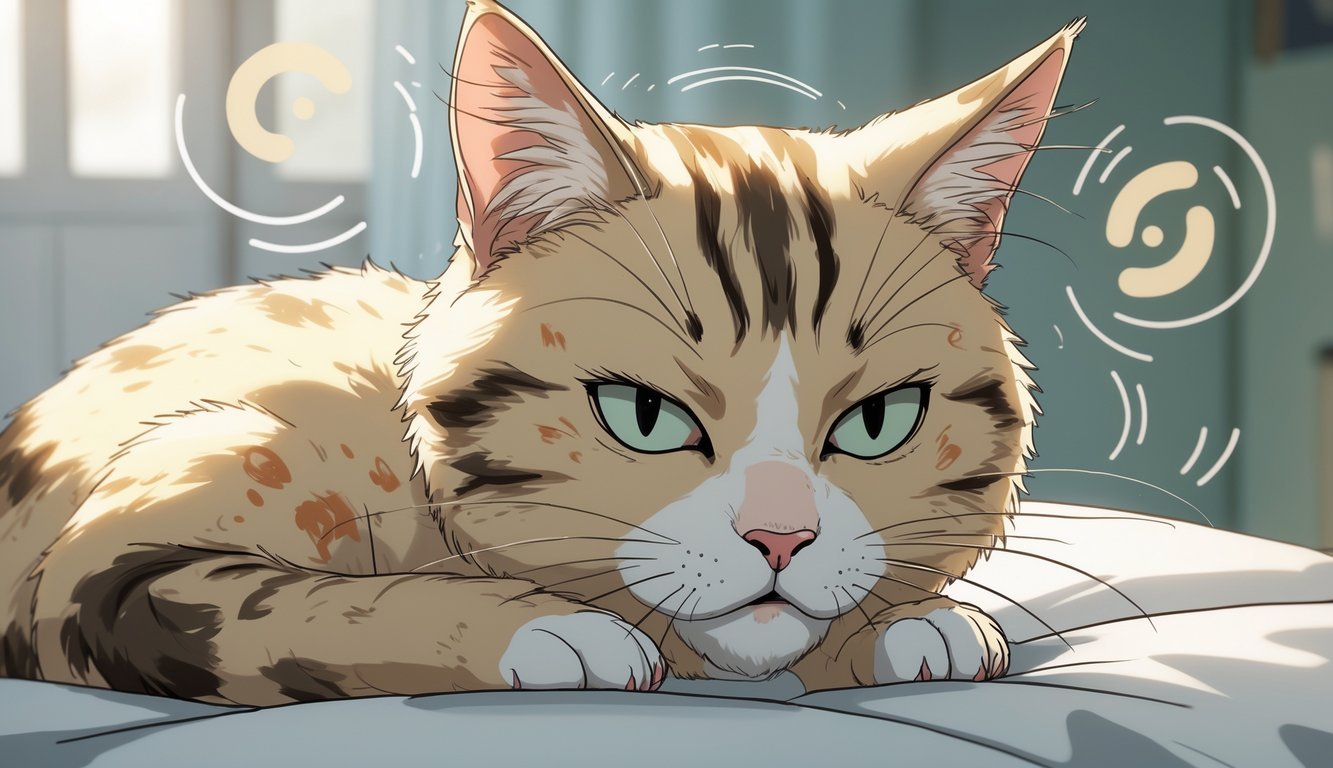 A close-up of a cat with bald patches and irritated skin, looking anxious and stressed.