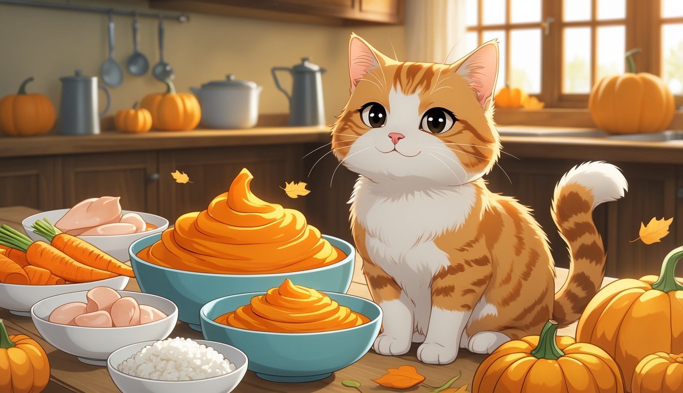 A happy orange tabby cat sitting next to a bowl of pumpkin puree with small dishes of safe human foods on a kitchen counter decorated with autumn items.