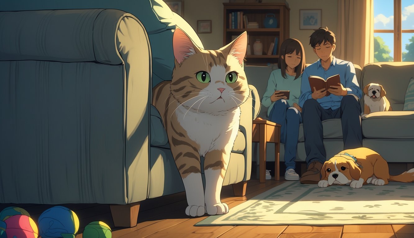 A cat hiding behind a sofa in a living room, showing signs of stress while family members and a dog are nearby but not interacting with it.
