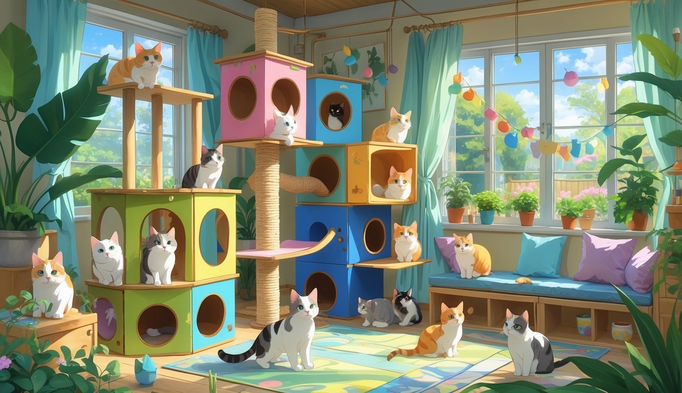 Several cats playing and resting on various handmade cat furniture pieces in a bright, cozy room filled with plants and sunlight.