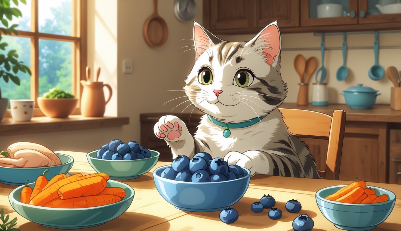 A cat sitting at a kitchen table with a bowl of blueberries and various safe human foods around it.
