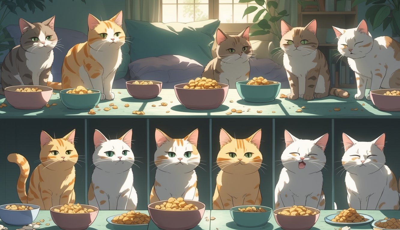 Eight cats in a cozy room showing various signs of stress and changes in eating habits, including eating less or more, with different body language and facial expressions.