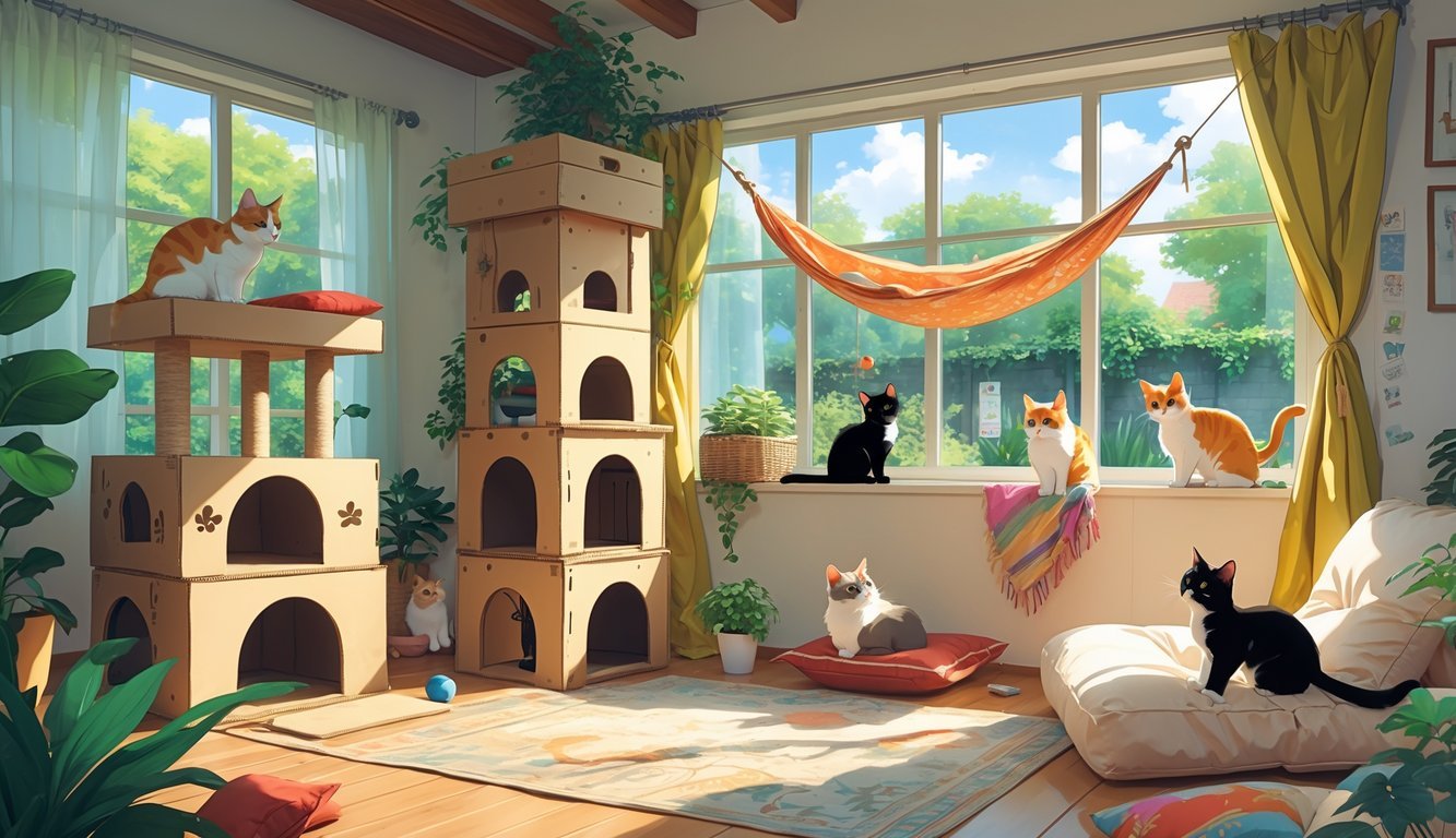 A bright room filled with various DIY cat furniture pieces and several cats playing and resting on them.