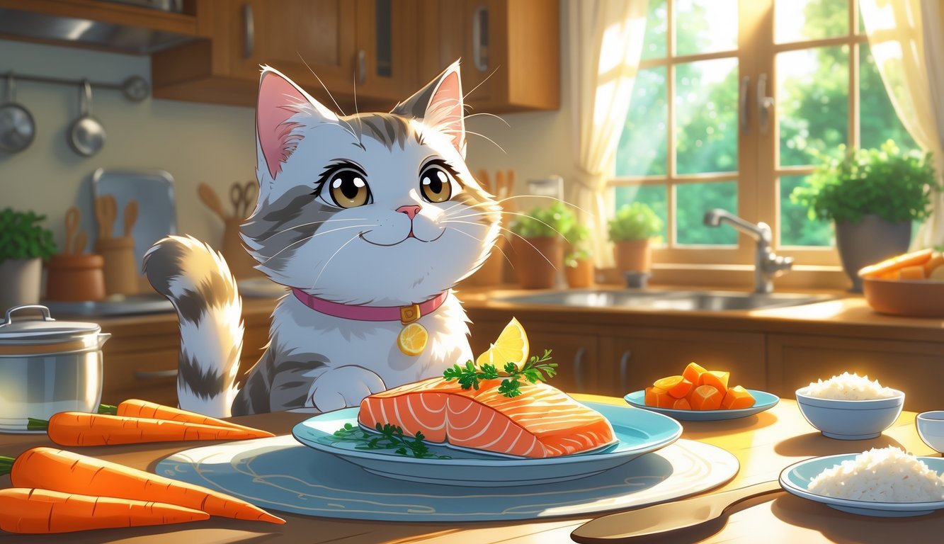A happy cat sitting at a kitchen table looking at a plate of cooked salmon with herbs and lemon, surrounded by other safe human foods for cats.