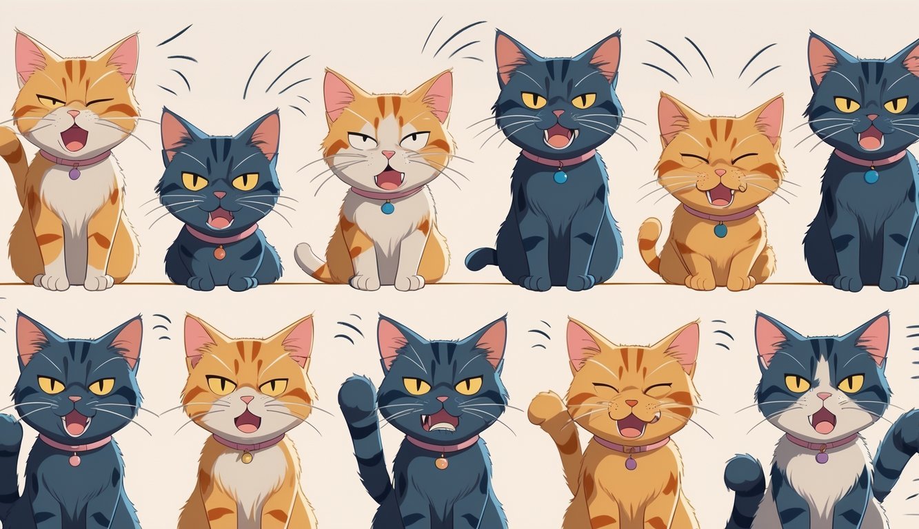 Eight cats showing different aggressive and stressed behaviors like hissing, swatting, arched backs, and puffed-up fur.
