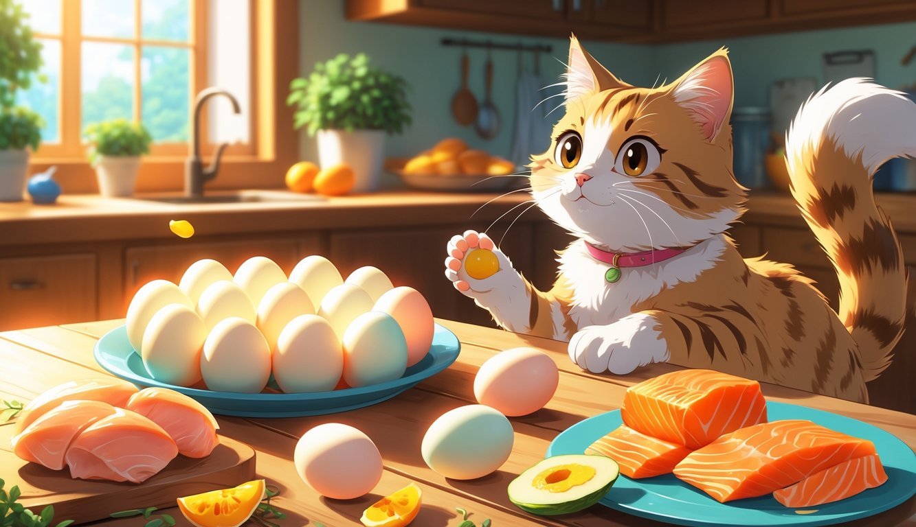 A cat sitting at a table with a plate of twelve boiled eggs and other safe human foods for cats in a cozy kitchen.