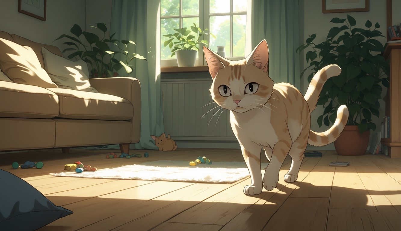 A cat pacing restlessly inside a cozy living room, showing signs of stress.