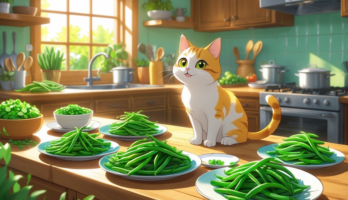 A cat sitting on a kitchen countertop surrounded by plates of cooked green beans in a warm, sunlit kitchen.