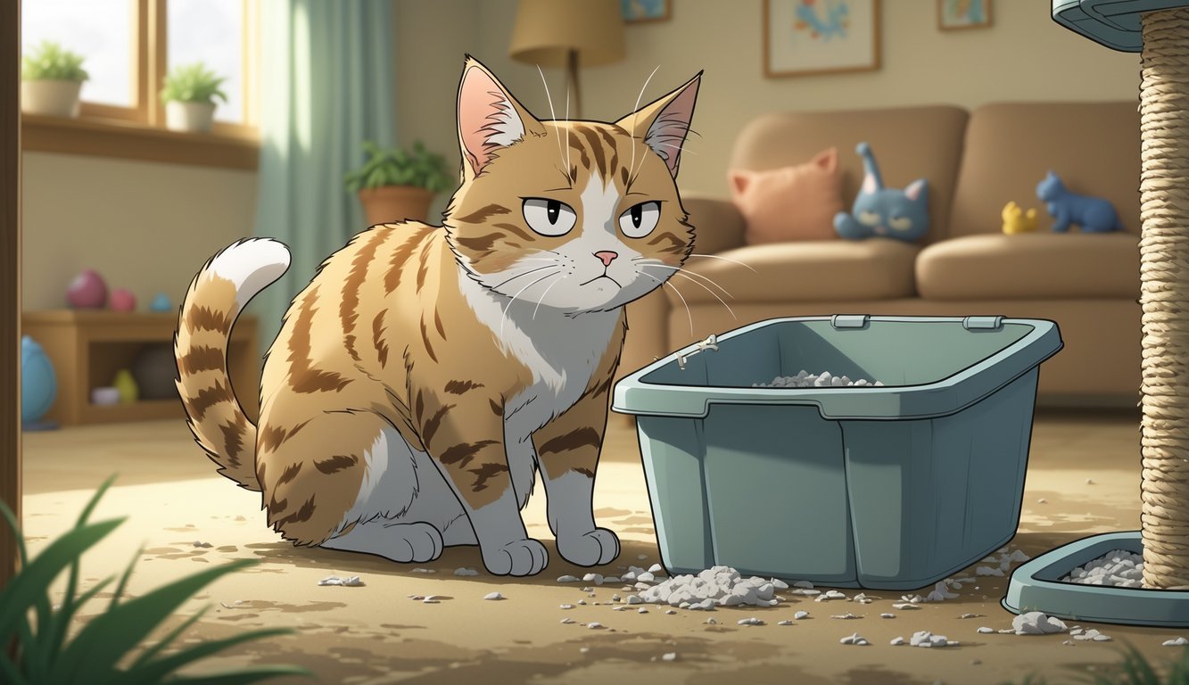 A worried cat near a litter box with scattered litter around, showing signs of stress in a cozy indoor room.