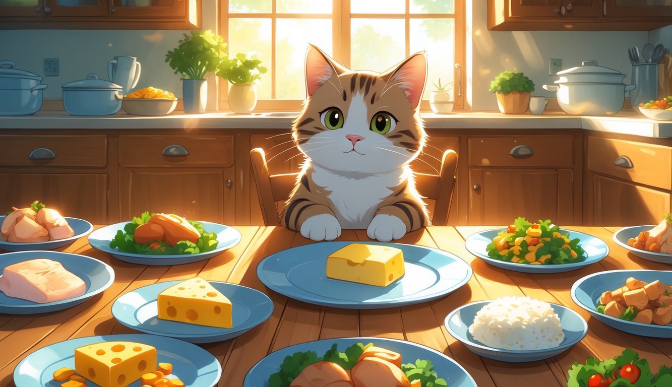 A cat sitting at a kitchen table looking at a small piece of cheese on a plate surrounded by small portions of safe human foods.