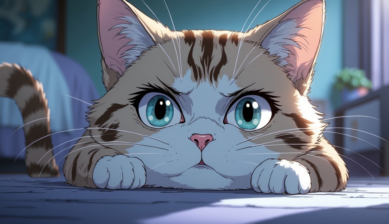 A close-up of a cat with wide eyes and flattened ears showing signs of fear and anxiety.