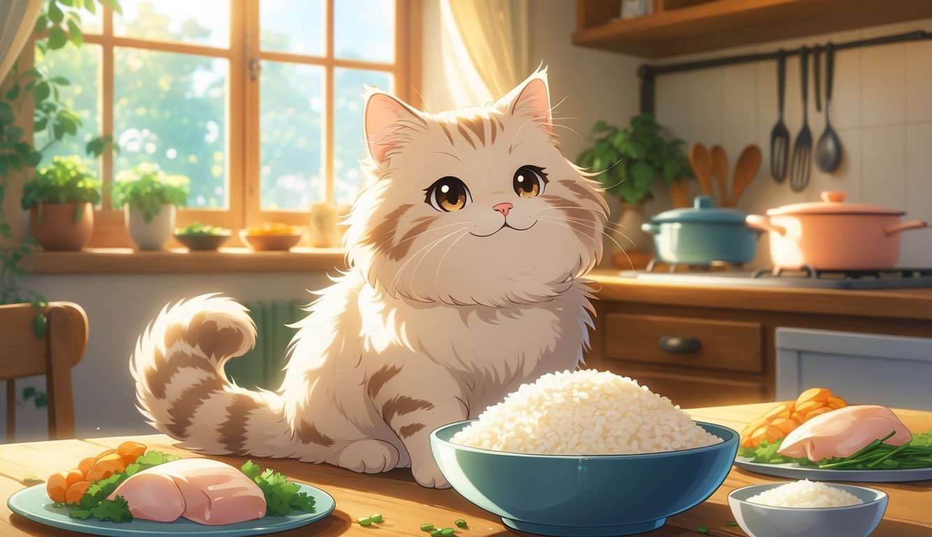 A cat sitting next to a bowl of plain cooked rice on a wooden table in a cozy kitchen.