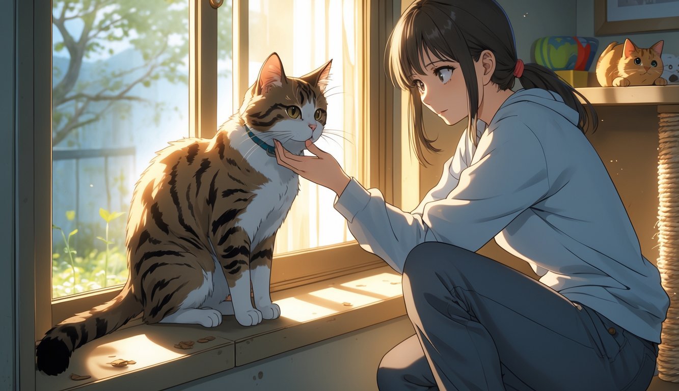 A young woman gently reaching out to a tense cat sitting on a windowsill inside a cozy room.