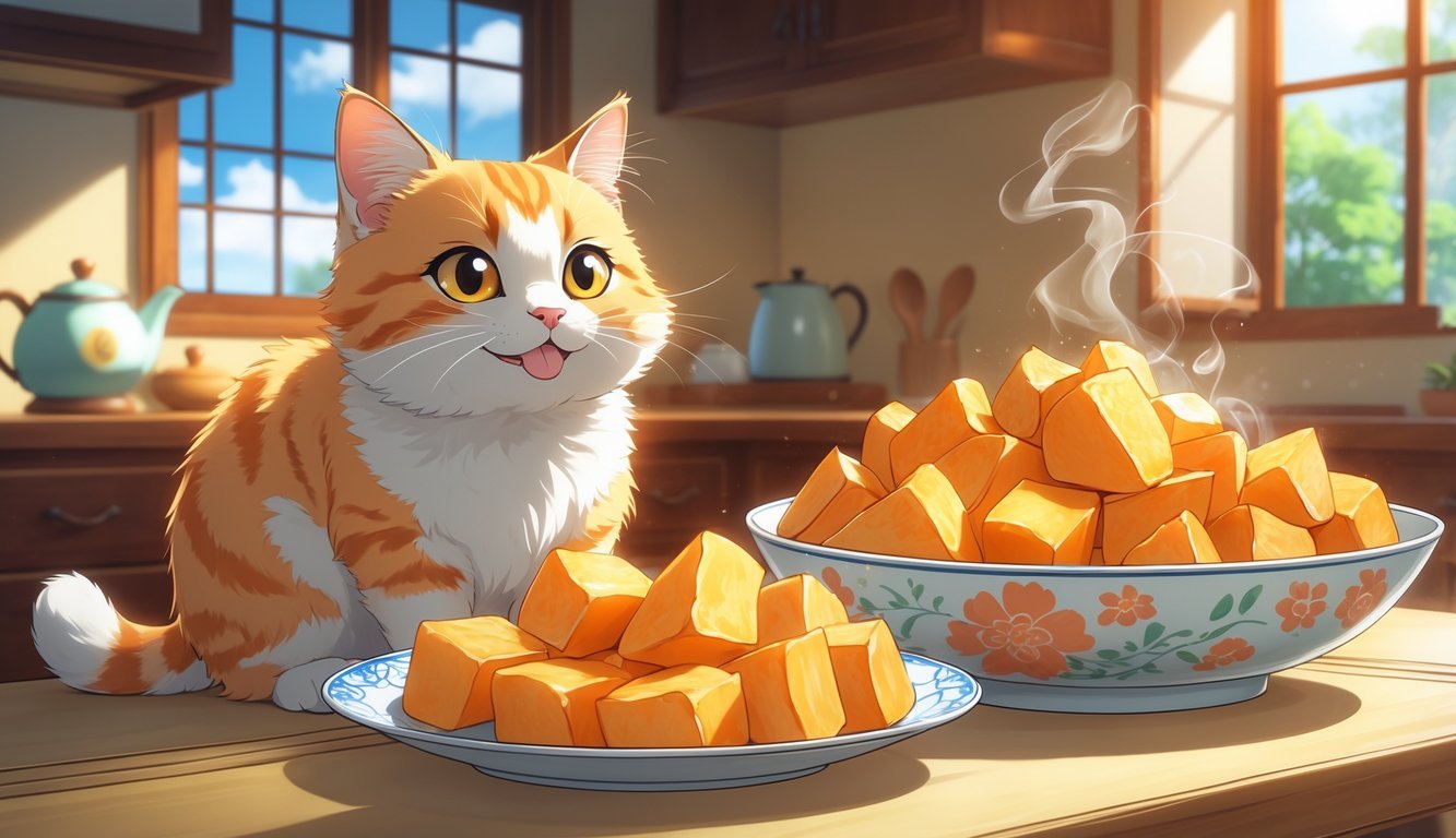 A happy cat sitting next to a plate of cooked sweet potato chunks on a kitchen table.