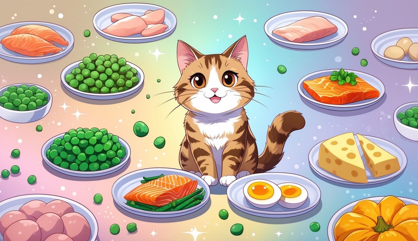 A playful cat surrounded by twelve different human foods safe for cats, including peas, chicken, and salmon, arranged on small plates.