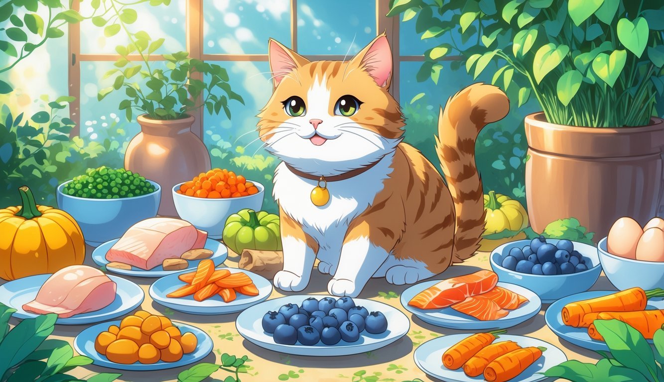 A happy cat surrounded by various healthy human foods safe for cats, sitting in a bright kitchen or garden setting.
