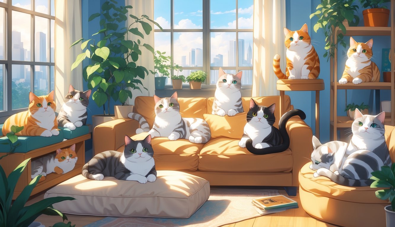Ten British Shorthair cats relaxing and playing in a cozy apartment with sunlight, furniture, and plants.