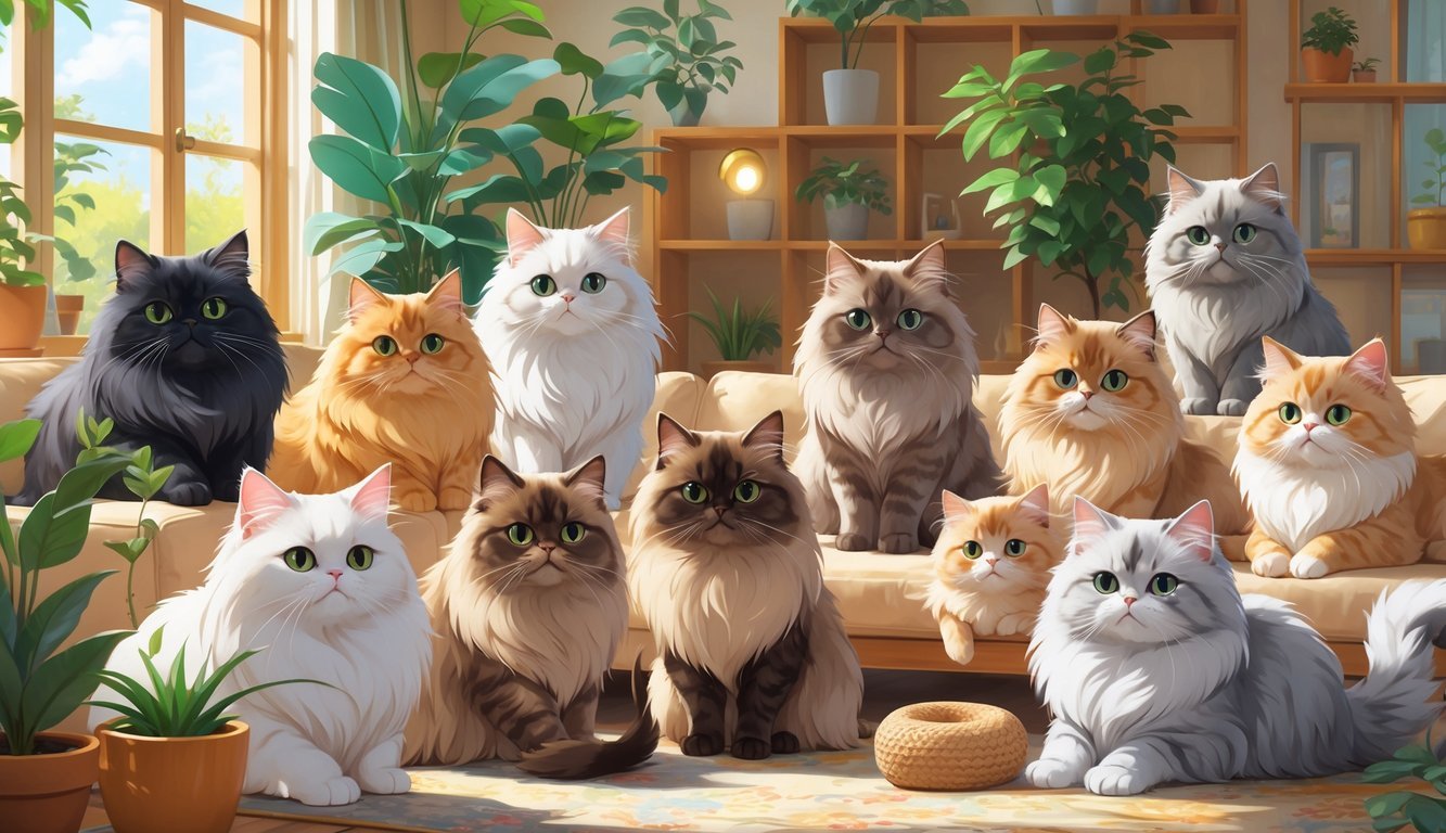 Ten Persian cats with different fur colors and patterns are relaxing and playing inside a bright, cozy apartment with furniture, plants, and sunlight coming through large windows.