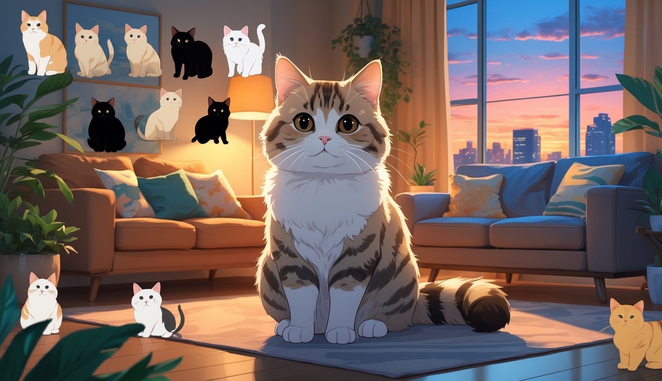 A cozy apartment living room with an Exotic Shorthair cat sitting peacefully, surrounded by subtle shapes of other cat breeds integrated into the background.