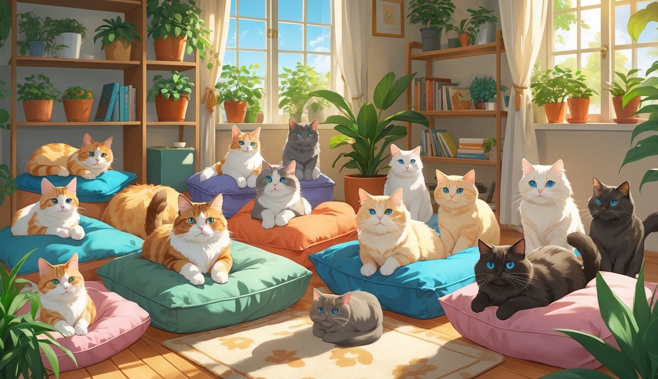 A cozy apartment filled with ten different cats, including a fluffy blue-eyed Ragdoll, all relaxing and playing around the room.