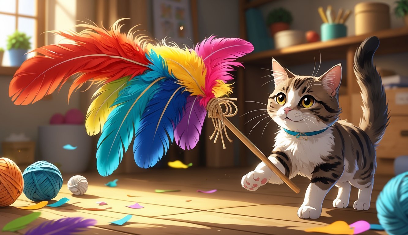 A playful cat reaching for a colorful feather wand toy made from a wooden stick and feathers in a cozy indoor setting with craft materials nearby.