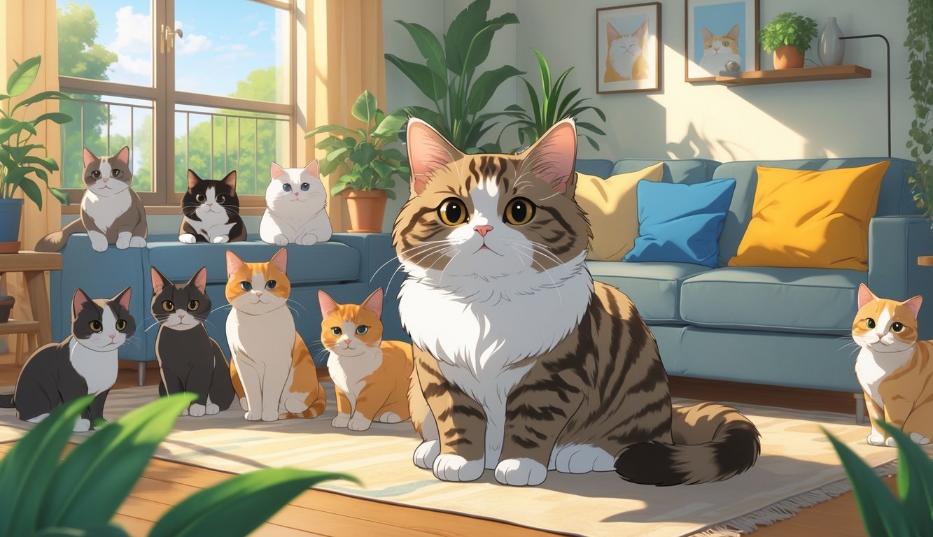 A Scottish Fold cat with folded ears sits in a cozy apartment room surrounded by nine other different cat breeds, with furniture, plants, and sunlight coming through the windows.