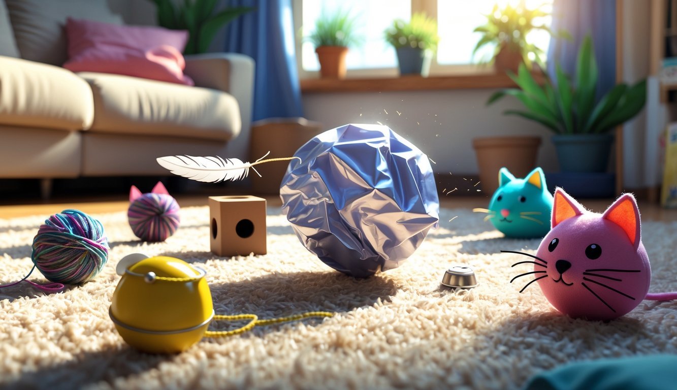 A cozy living room floor scattered with seven homemade cat toys including a crumpled paper ball, yarn ball, fabric mouse, and other small toys made from household items.
