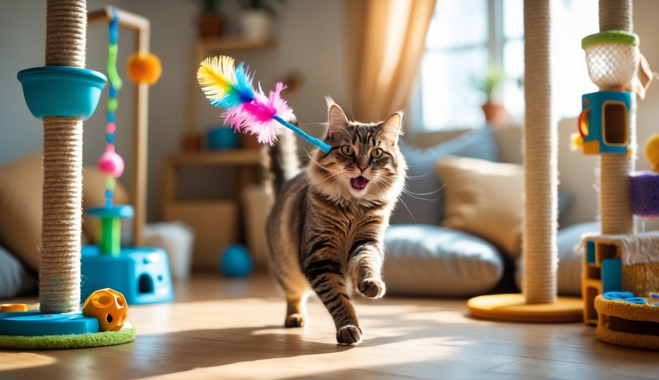 A cat playing indoors with a feather wand toy surrounded by various cat enrichment items in a cozy room.