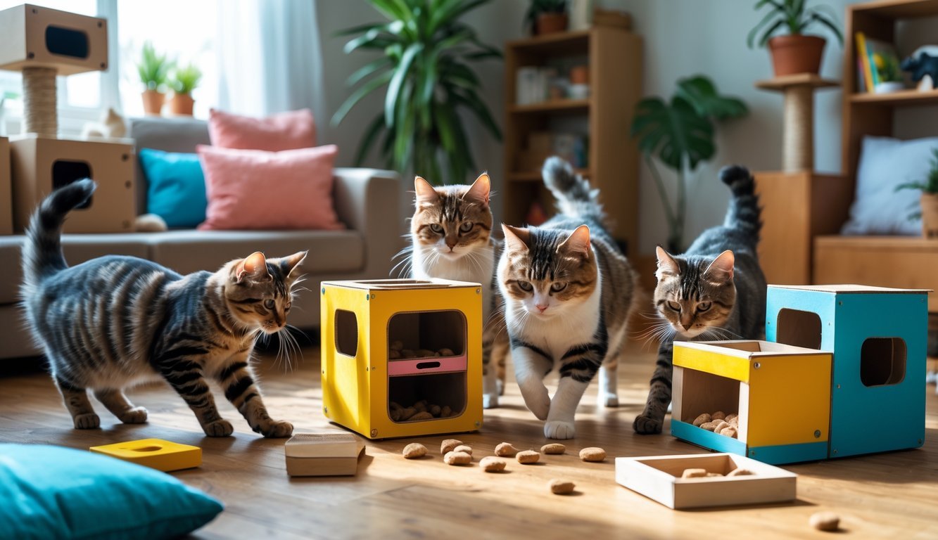 Several cats playing with colorful treat puzzle boxes inside a cozy living room filled with cat toys and plants.