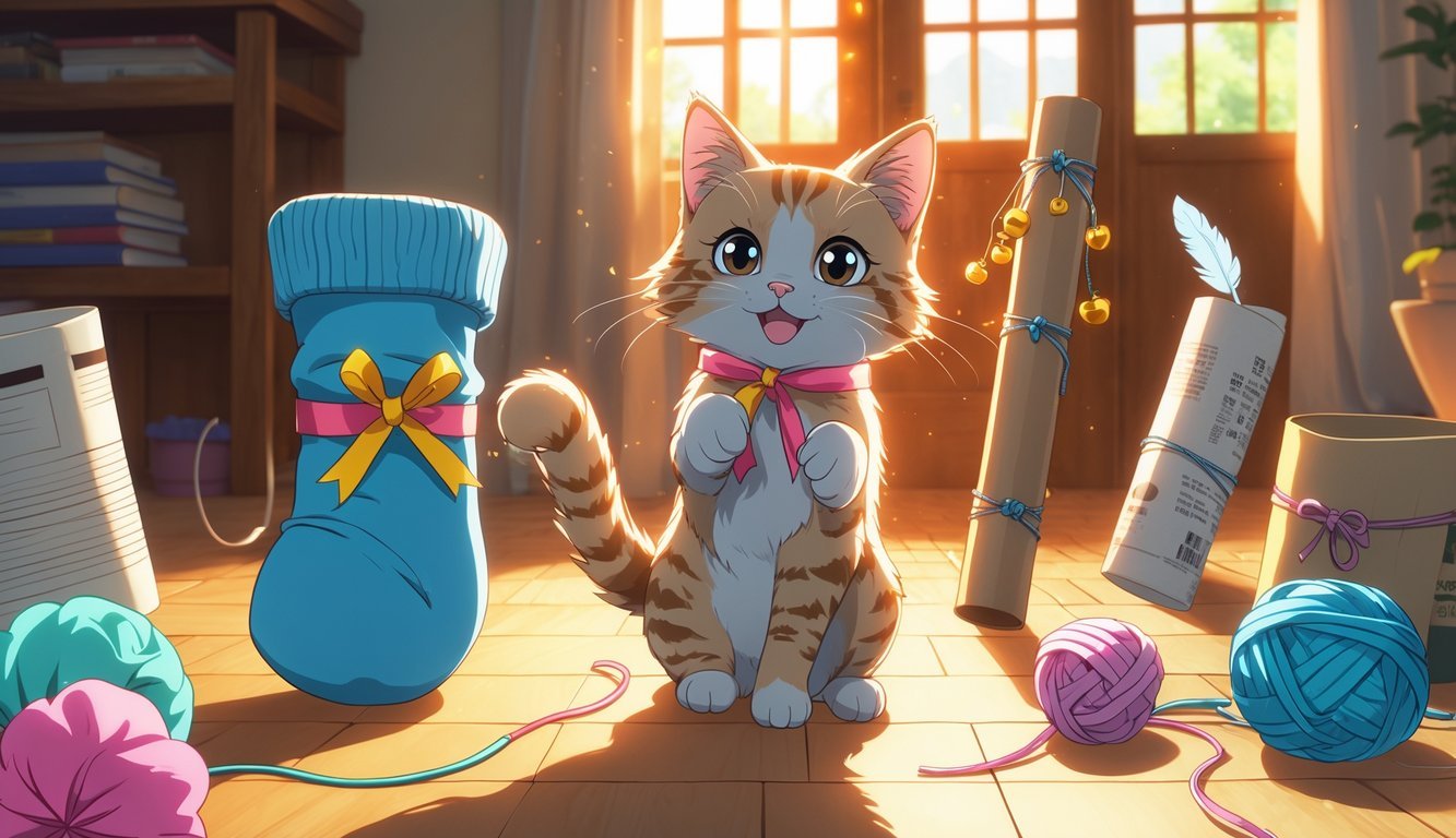 A happy cat playing with a sock filled with catnip and six other homemade cat toys in a cozy indoor room with sunlight.