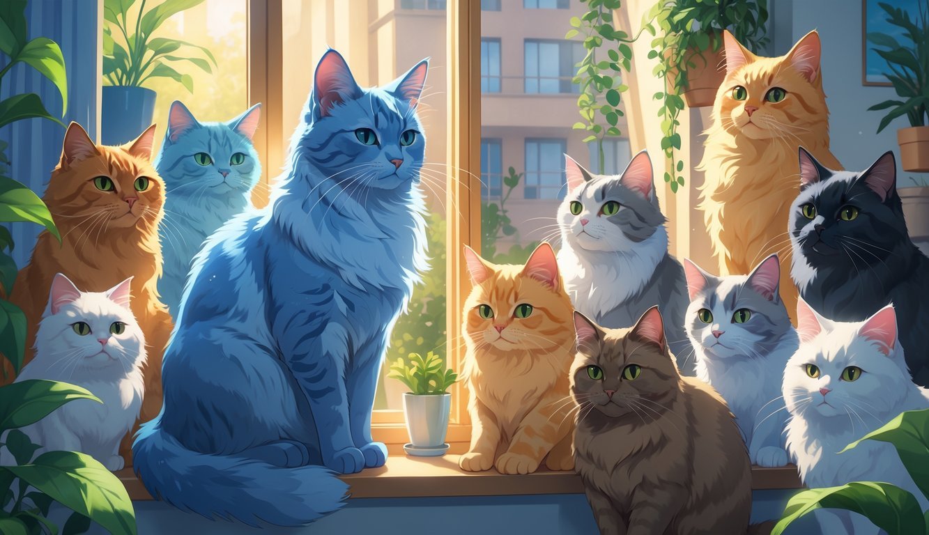 A group of ten different cats sitting and playing in a cozy apartment near a window with plants and furniture.