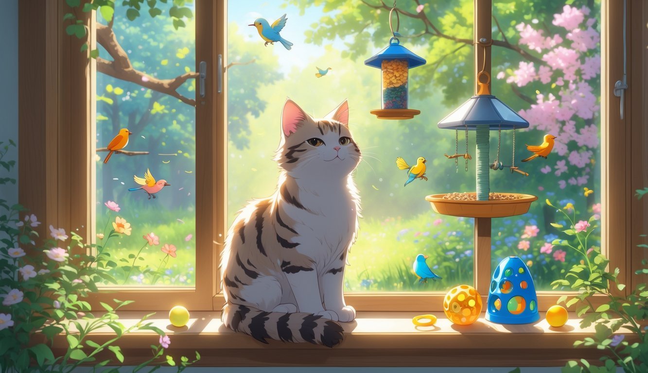 A cat sitting on a windowsill looking at birds at a bird feeder outside, with cat toys on the windowsill inside.