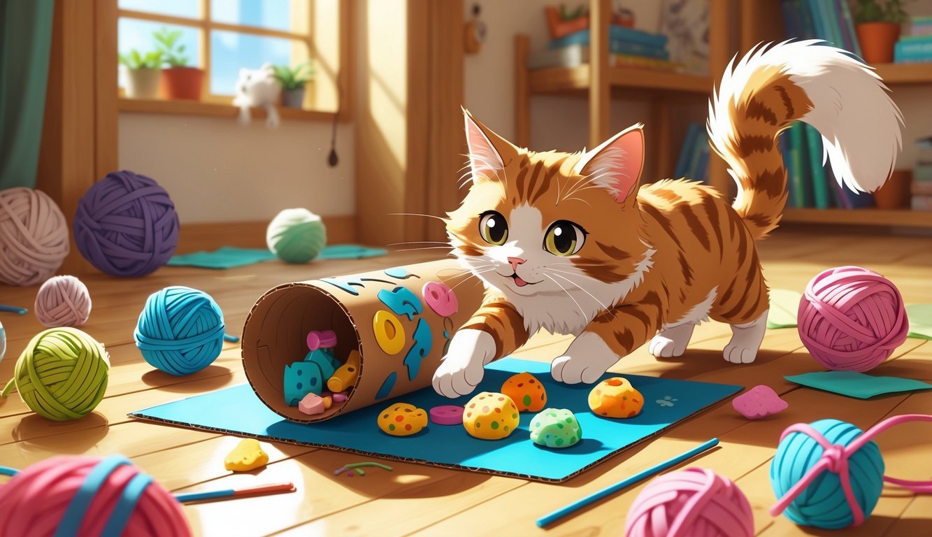 A cat playing with a cardboard tube puzzle filled with treats, surrounded by various homemade cat toys in a cozy indoor setting.