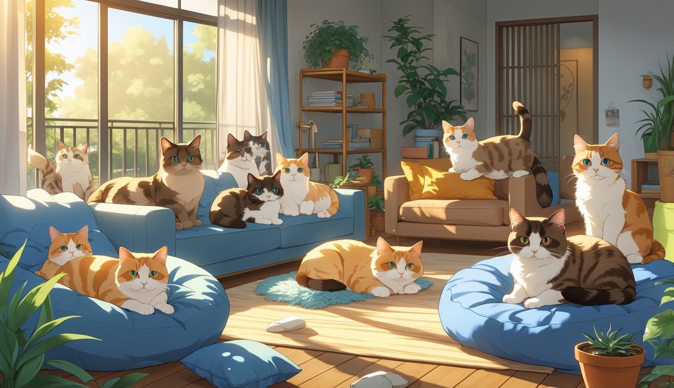 Ten Burmese cats with different fur patterns relaxing and playing in a cozy apartment filled with furniture and plants.
