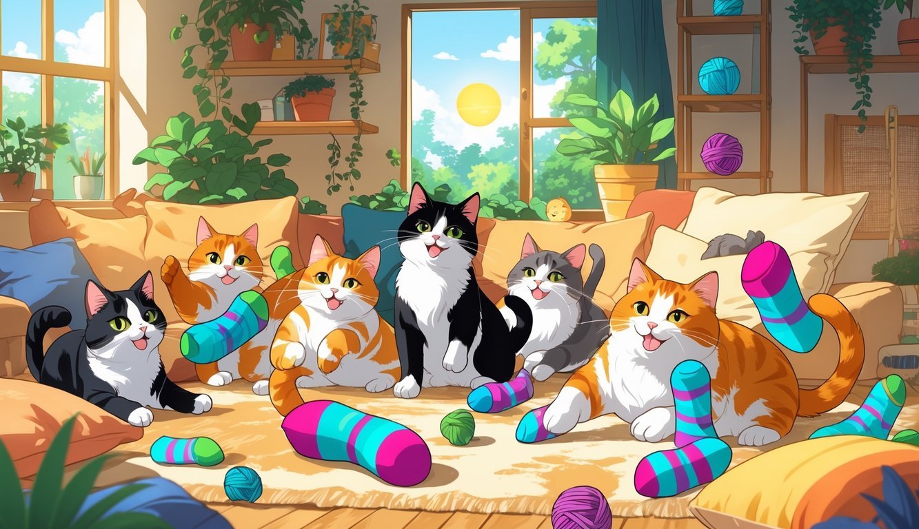 Several cats playing with colorful catnip-stuffed sock toys in a cozy sunlit living room filled with cushions and plants.