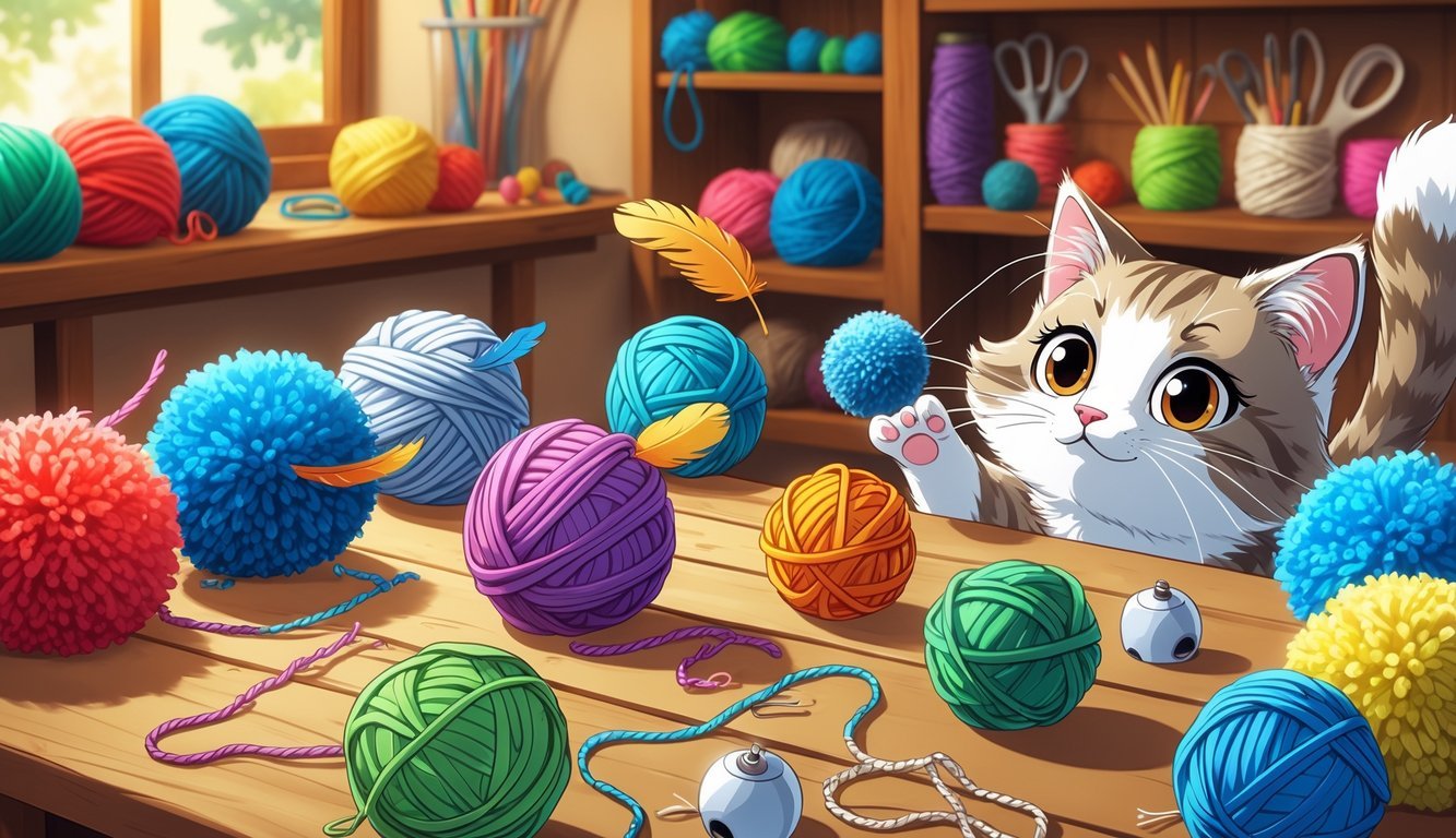 A playful cat reaching for colorful pom-pom balls and handmade cat toys on a wooden table surrounded by crafting supplies.