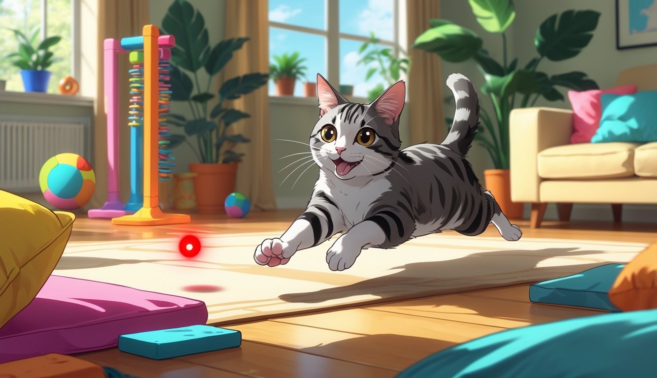 A cat chasing a red laser pointer dot in a cozy indoor room filled with cat toys and furniture.