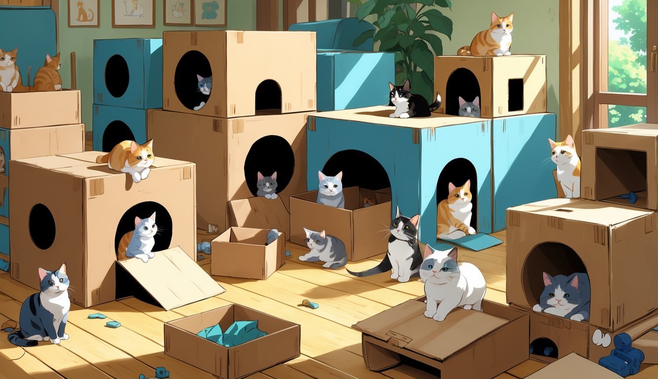 Several cats playing and resting inside interconnected cardboard box mazes arranged in a sunlit indoor living room.