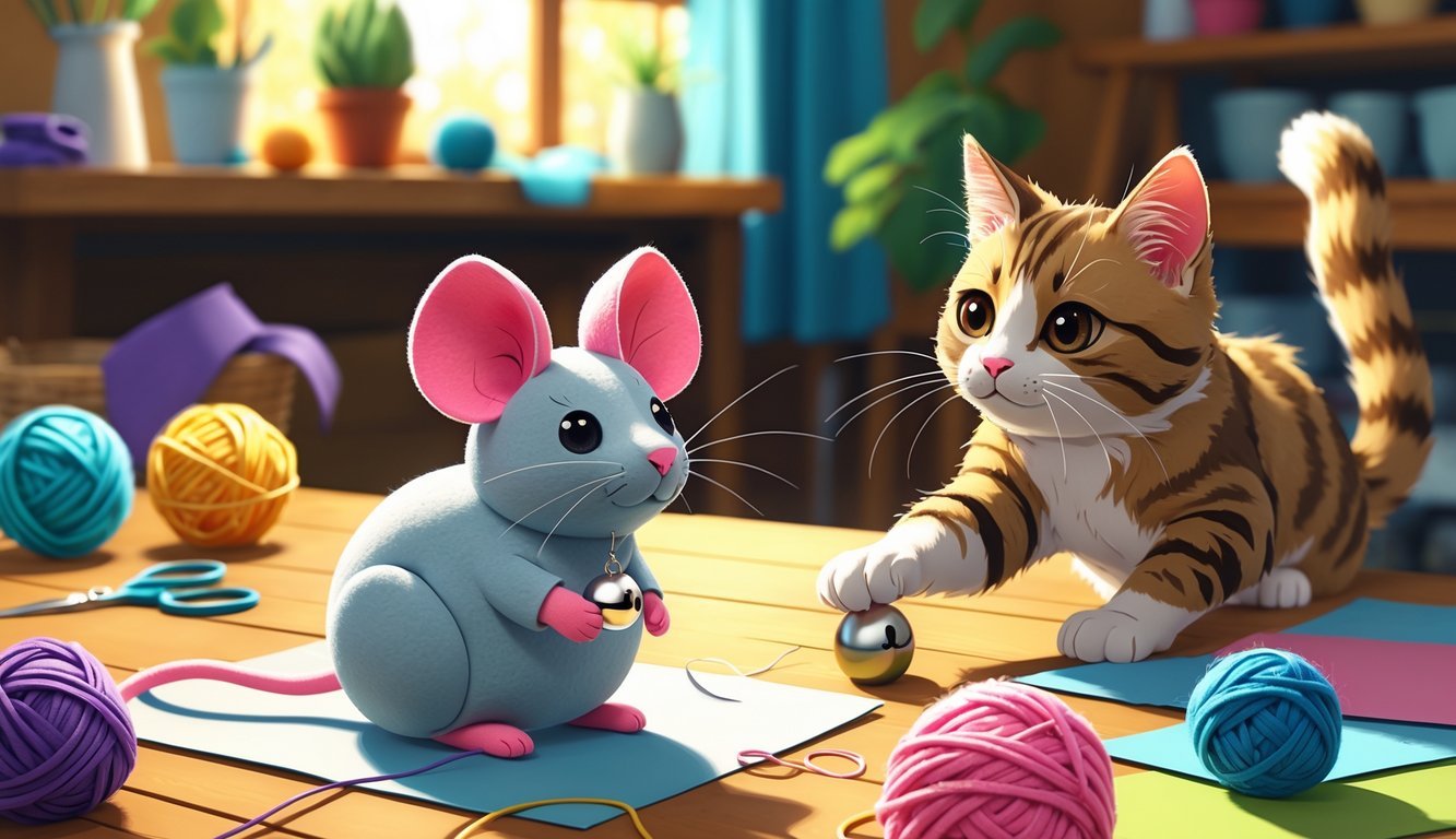 A small felt mouse toy with a bell inside on a table surrounded by various homemade cat toys and a cat reaching to play with them.