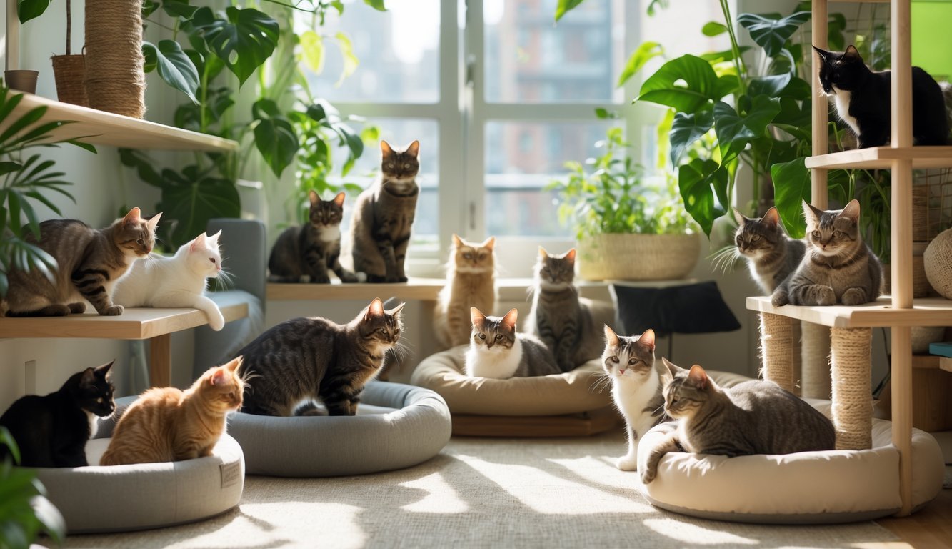 A bright apartment with ten different cats playing and resting among plants and cozy furniture.
