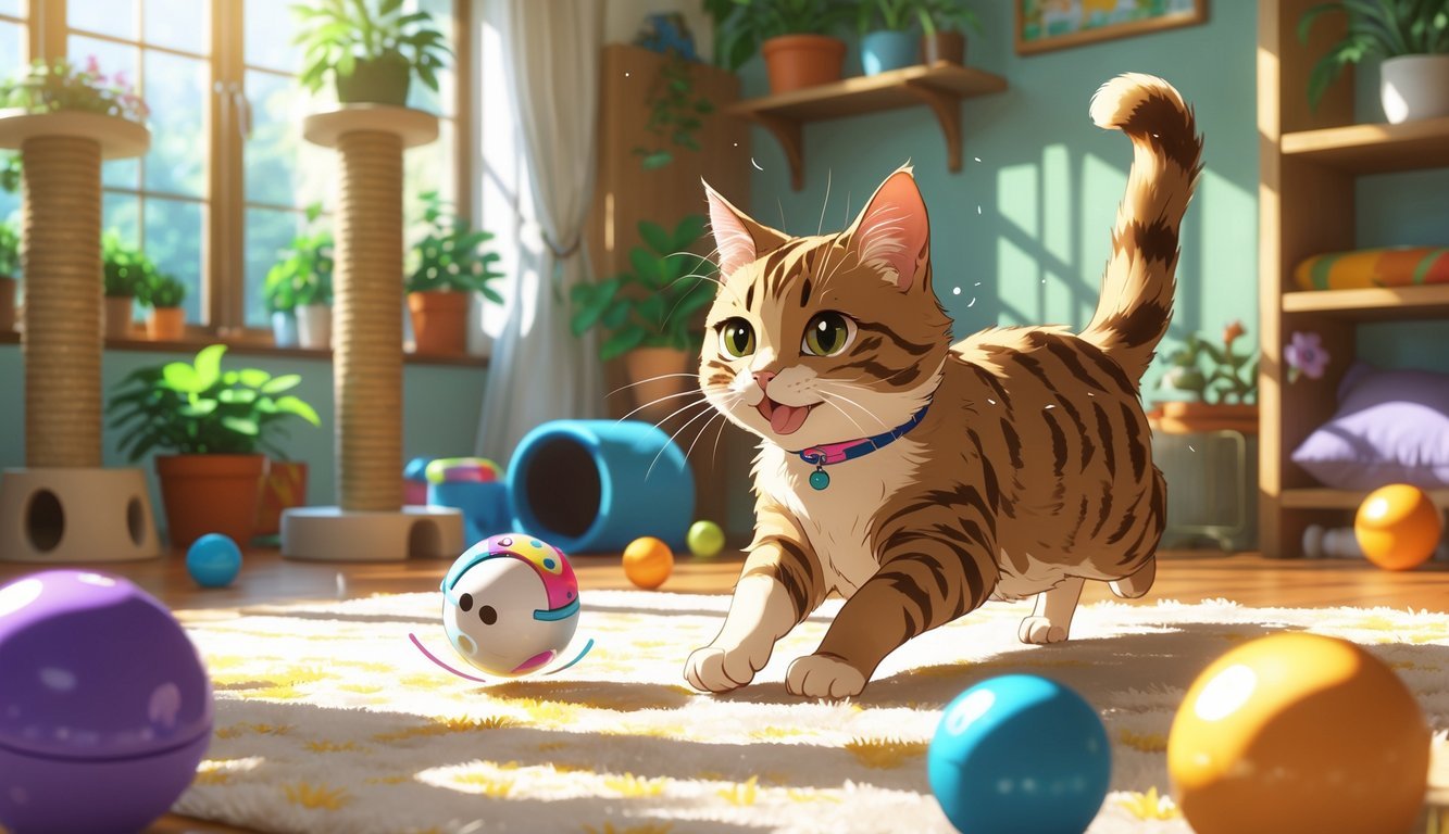 A cat chasing a small robotic ball in a cozy living room filled with cat toys and climbing structures.
