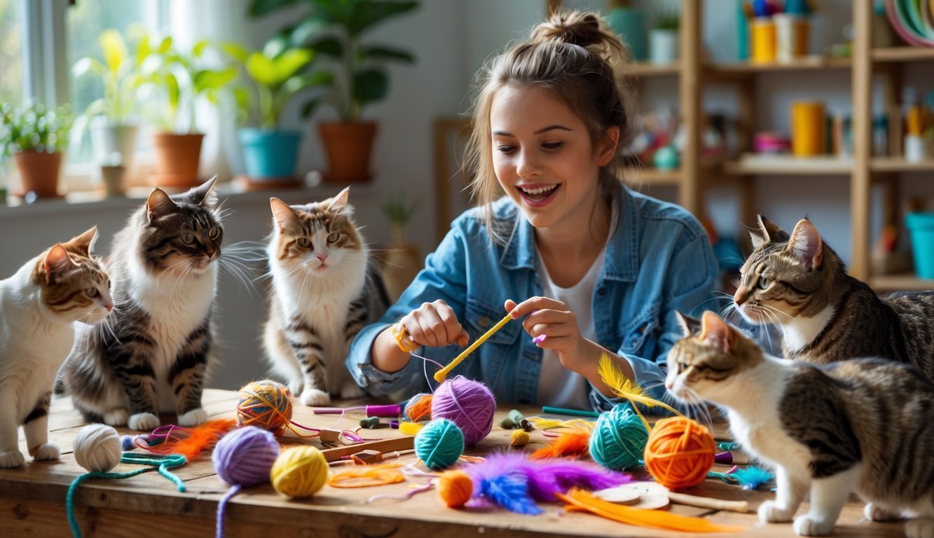 A person making homemade cat toys at a table while several cats play with the toys around them in a bright, cozy room.